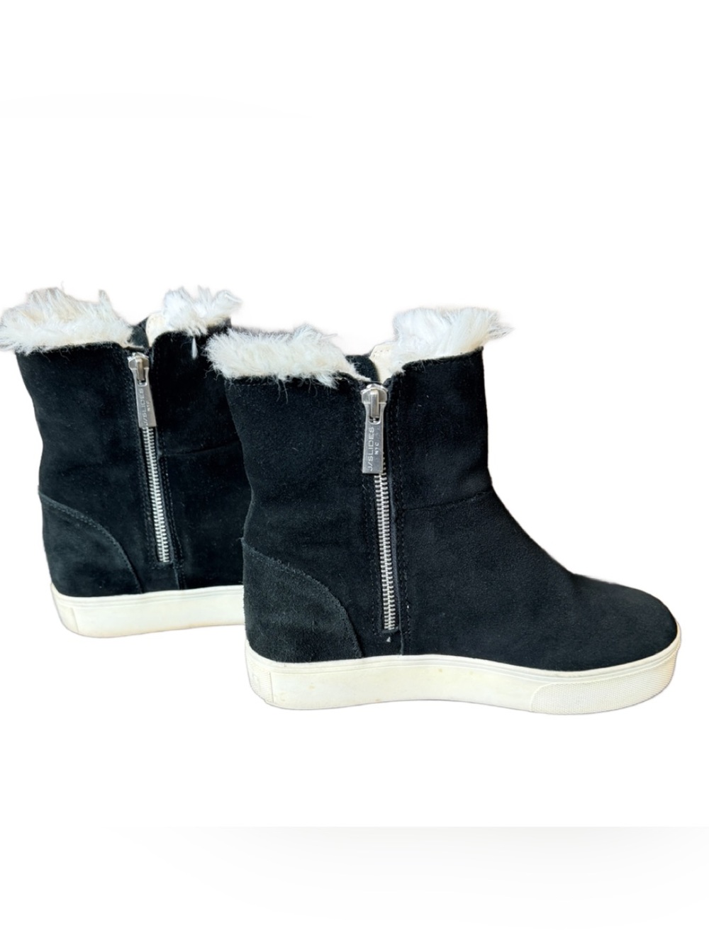 J/SLIDES Black Suede Faux-Fur Zip Wedge Ankle Boots